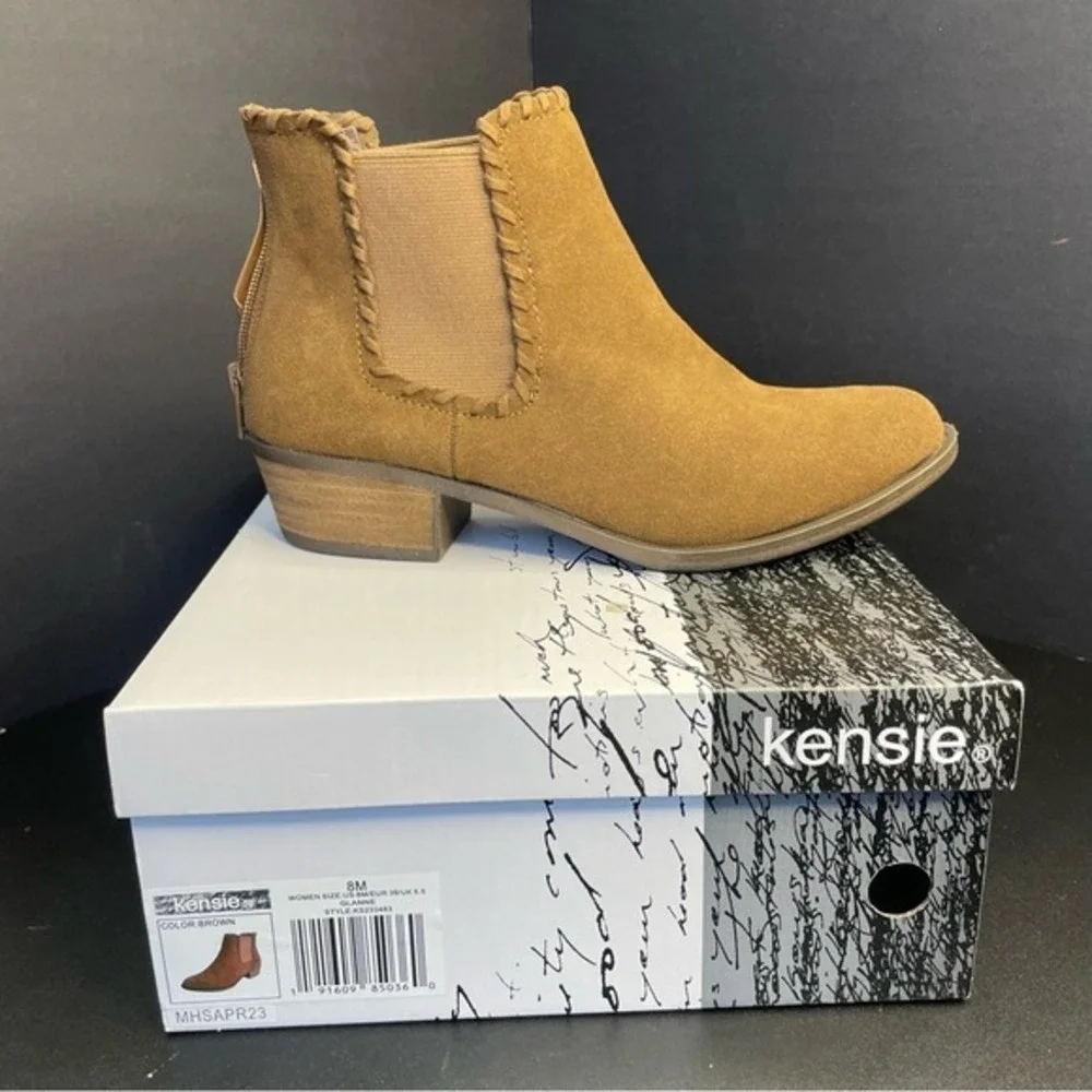 Kensie Glanne Brown Suede Leather Whipstitch Ankle Boots KS233483 Womens 8M